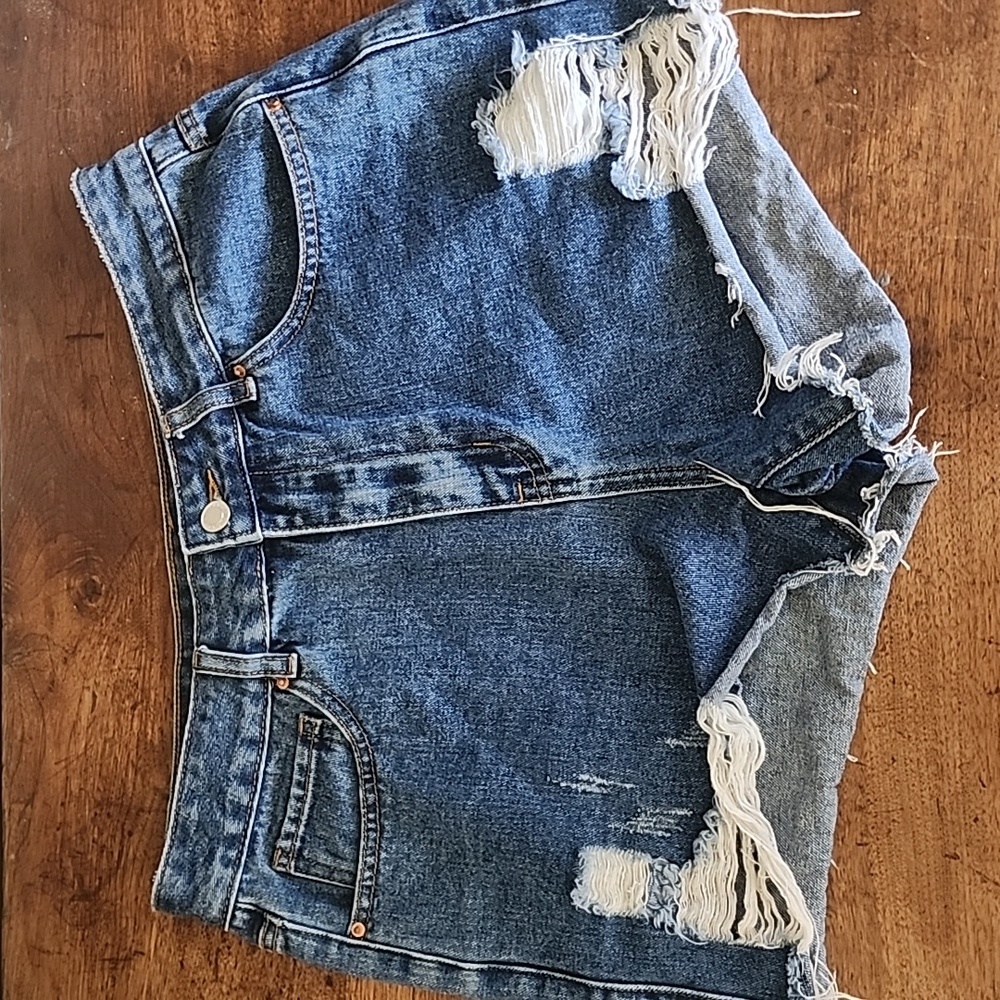 Khaki & Blue High Rise Denim Shorts